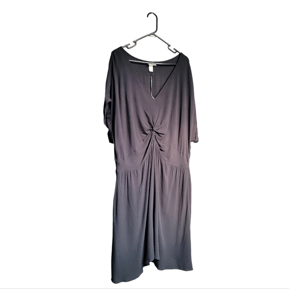 New Women Rolled Sleeve Front Knot Draped Black Dress V Neckline - Ava & Viv